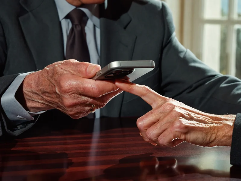 Illustration: Behutsames Erklären am Smartphone, eine Hand zeigt, die andere probiert aus.