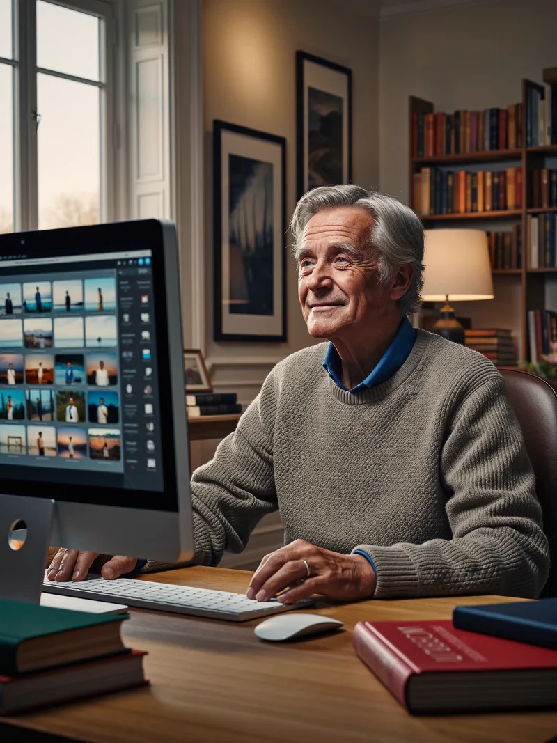 Illustration: Ein älterer Mann sortiert am Computer Urlaubsfotos in ruhiger Arbeitsumgebung.