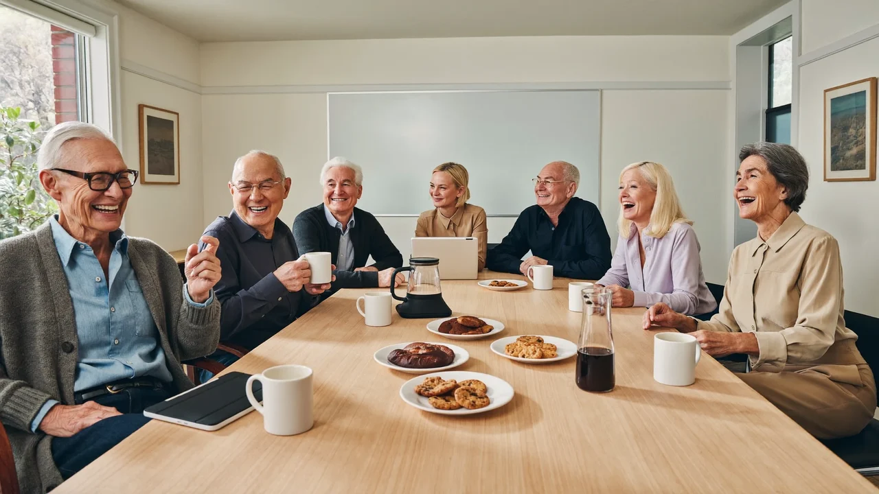 Illustration: Entspannte Pause in einer Lerngruppe mit Kaffee, Gebäck und ruhenden Tablets.